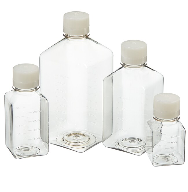 Nalgene&trade; Square PET Media Bottles with Closure: Sterile, Shrink-Wrapped Trays