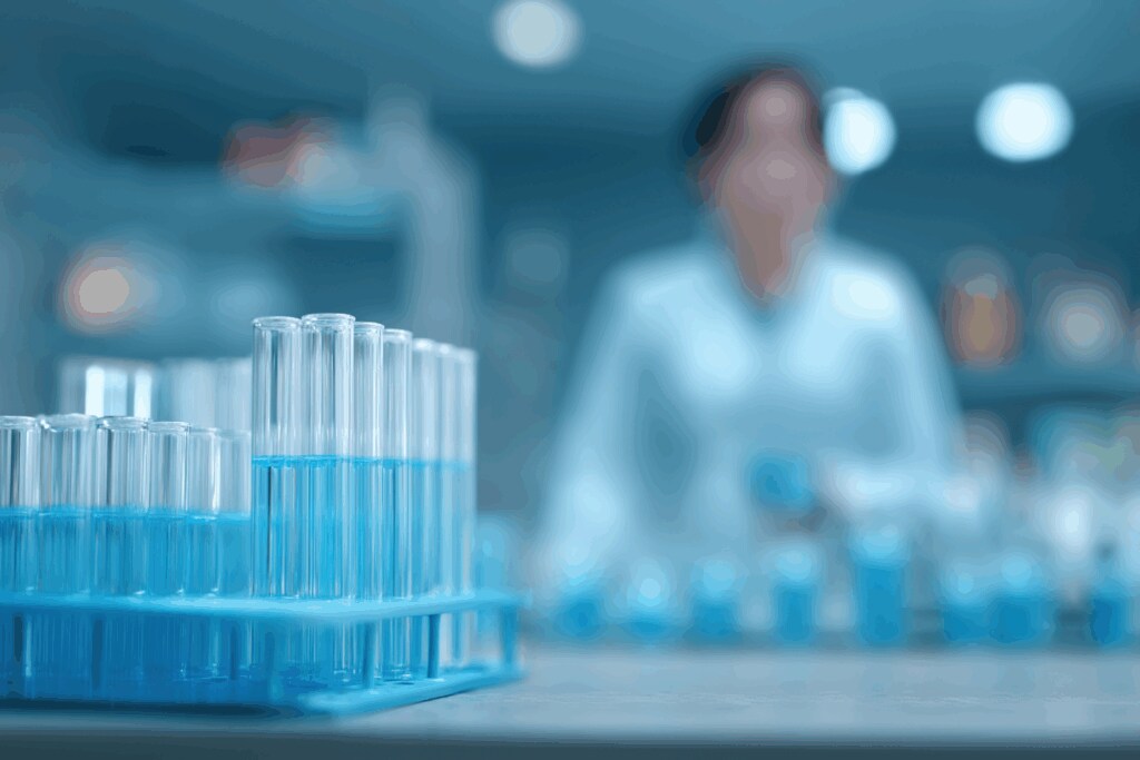A set of test tubes filled with blue liquid in a rack on a laboratory bench, with a scientist in a lab coat blurred in the background.
