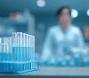 A set of test tubes filled with blue liquid in a rack on a laboratory bench, with a scientist in a lab coat blurred in the background.