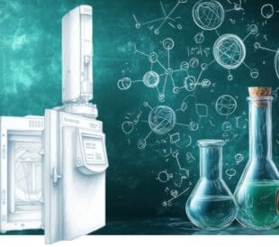 Laboratory glassware with colorful liquids