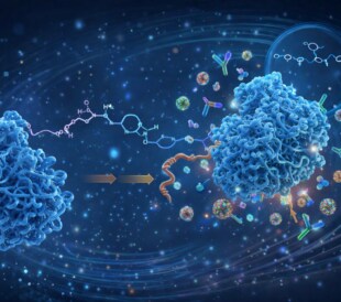 Illustration of protein structures interacting with molecules and antibodies in a molecular analysis scene.