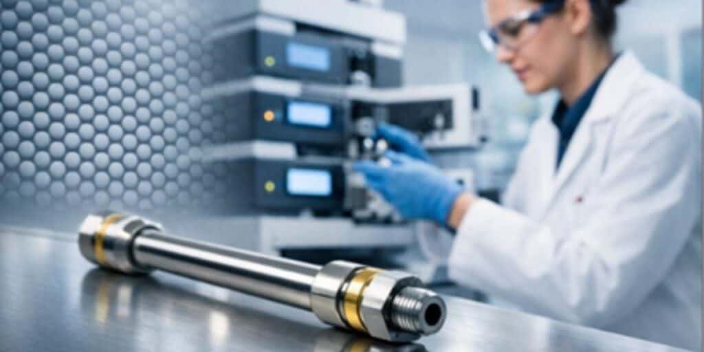 Chromatography column in foreground with scientist operating lab instruments in background.
