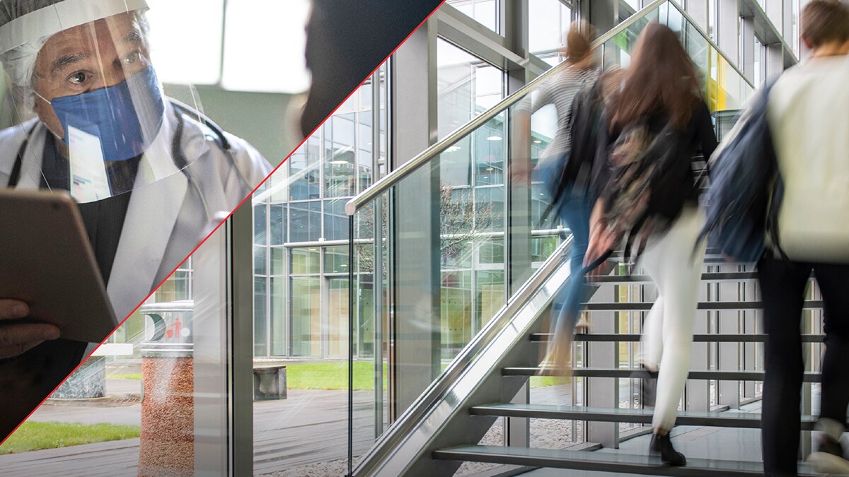 people walking upstairs in an office
