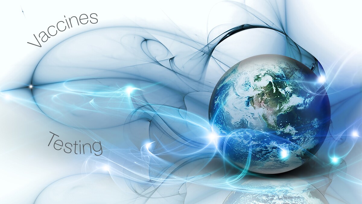Image of a globe with 2 words, vaccines and testing