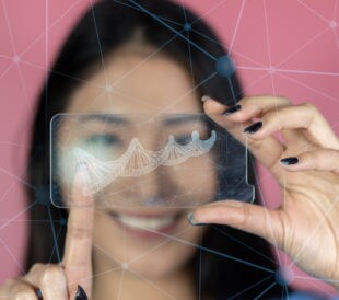A woman looks at the camera through a graphic of a DNA double helix