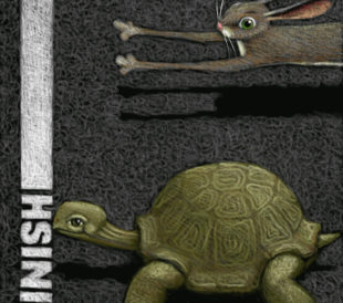 A hare (rapidly mutating Y-STR loci) and a tortoise (slowly mutating Y-STR lociapproach a finish line, with the tortoise in the lead.