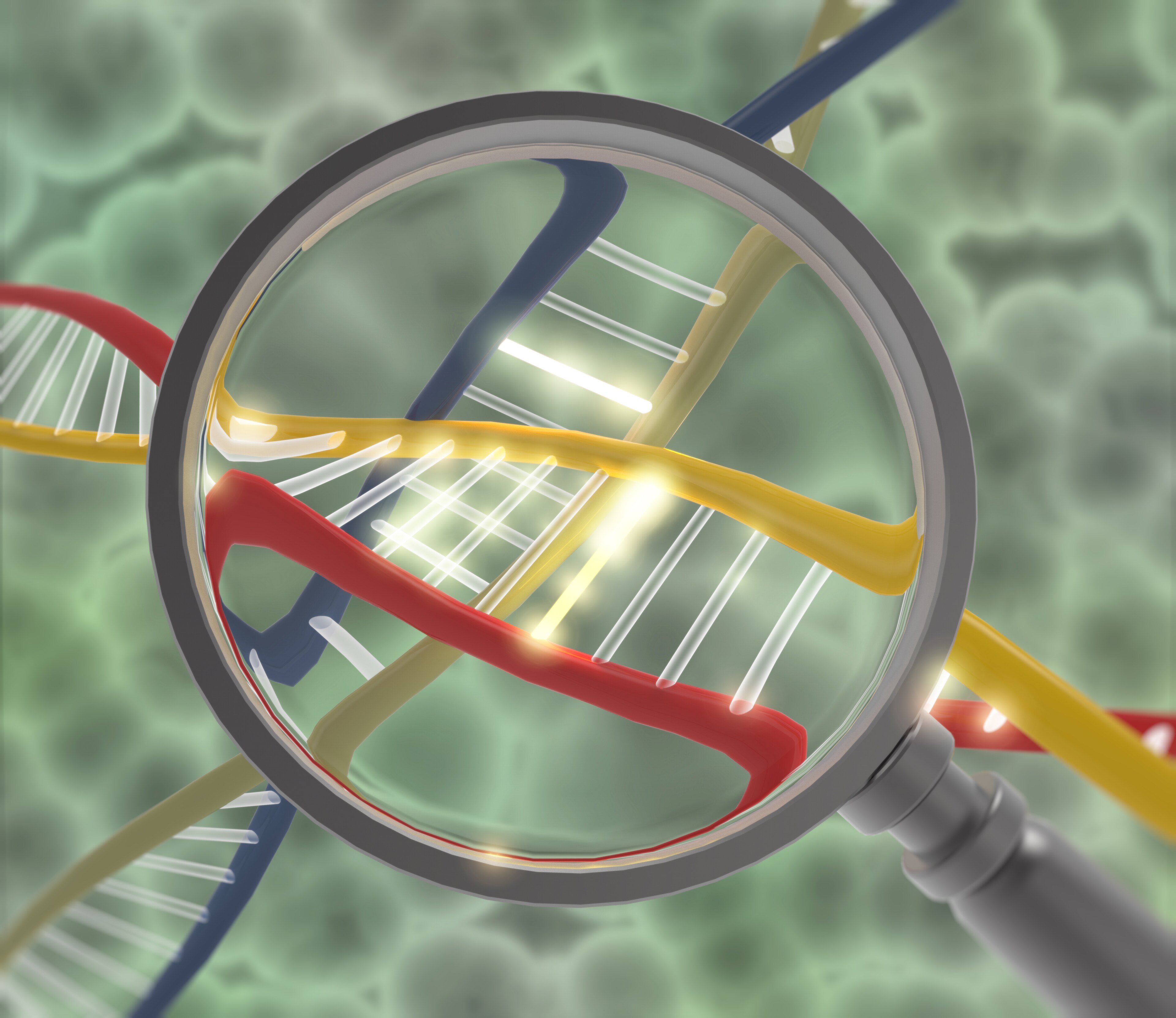 A graphic of a magnifying glass reveals the structure of DNA, illustrating the process of molecular karyotyping
