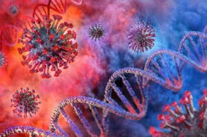 A graphic of SARS-CoV-2 virus with DNA strand on a colorful background