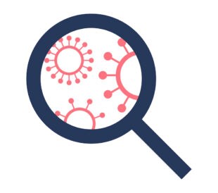 A graphic shows a magnifying glass view of coronavirus particles