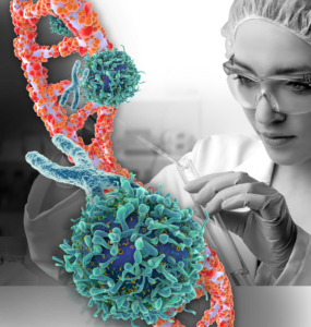 concept image of lab scientisit with test tube, color overlay of dna, chromosomes, and viruses