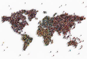 concept image of world map with people representing population