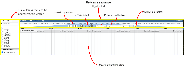 screenshot of web-based genome reference sequence viewer which provides a visual representation of the genome, along with locations of mutations