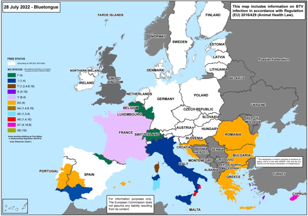 Map of Europe indicating EU members and spread of BTV