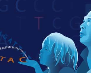 ASHG promotional banner graphical image artwork of people and genetic sequences