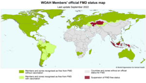 Map of the world showing FMD status by country; notably Kazakhstan and Indonesia have had their FMD free status suspended