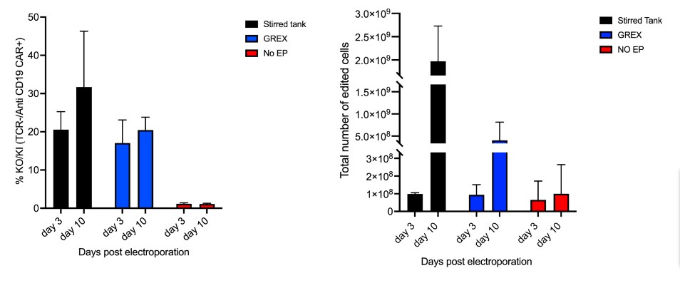 Gene editing efficiency and total number of edited cells at days 3 and 10 post electroporation