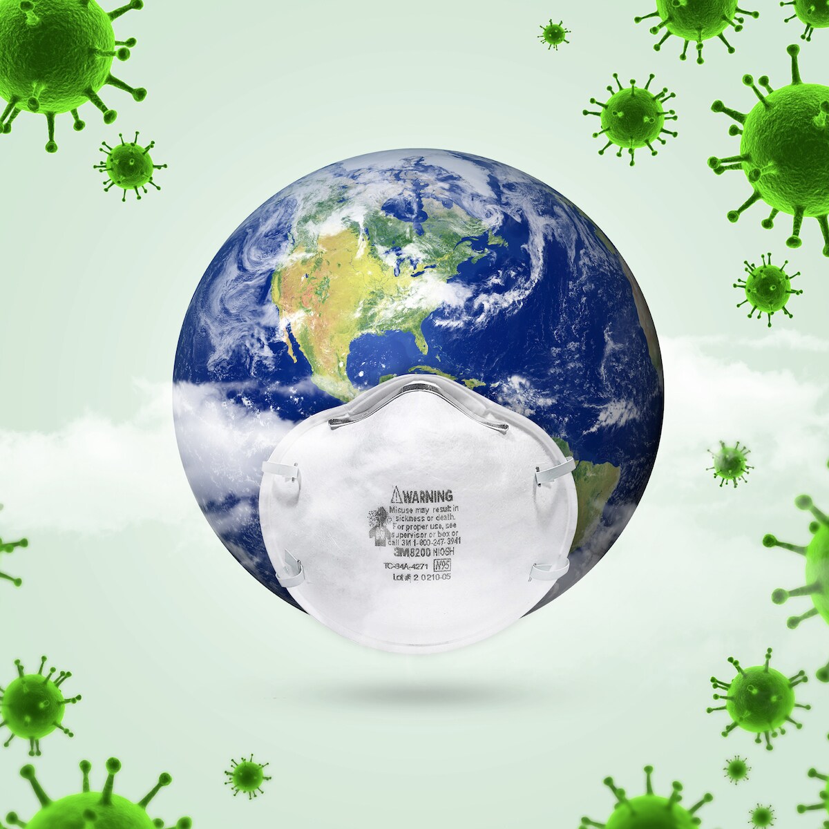 Graphic image of planet earth wearing a white mask