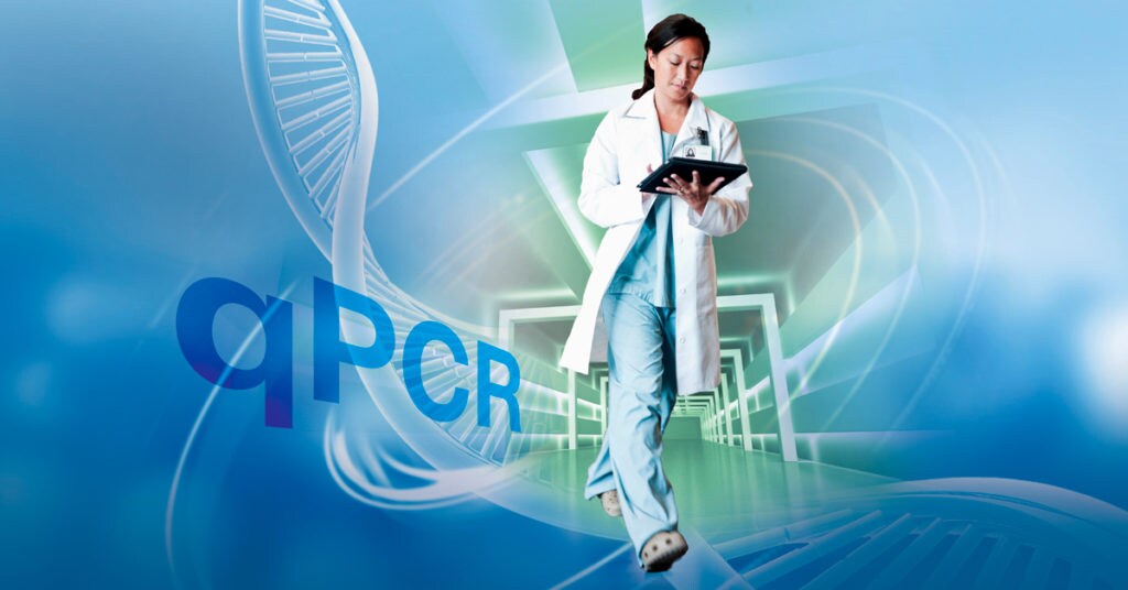 Clinician walking in front of qPCR background