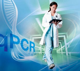 Clinician walking in front of qPCR background