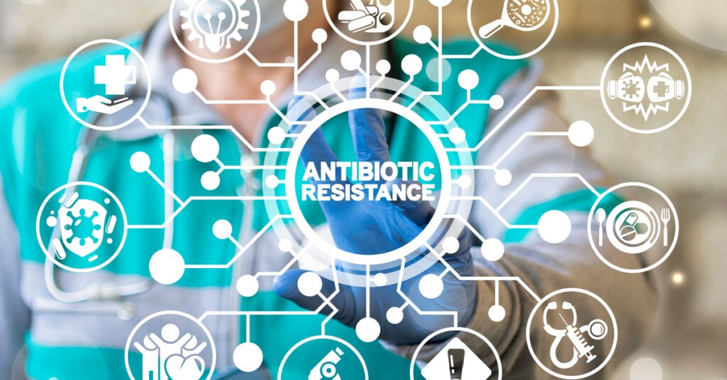 Concept graphic of scientist latex gloved fingers on touch screen with graphic of antibiotic resistance touchpoints