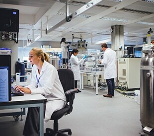 Scientist using LIMS in a busy laboratory