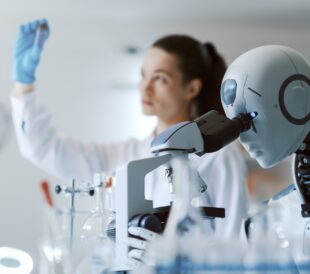 Female scientist and AI robot working together in the science lab