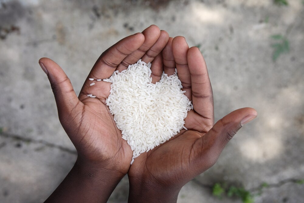 Dark hands holding white rice in the shape of a heart