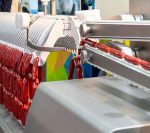 sausage chain during hanged on sausage hanging line of modern automatic machine for manufacturing process in food industrial