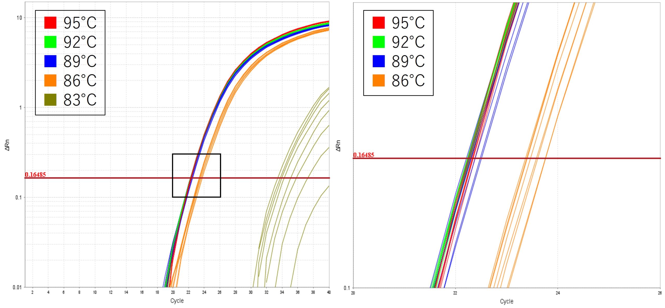 図3. 熱変性温度の違いによるPCR増幅への影響
左：通常スケール、右：左パネルの四角部分を拡大
