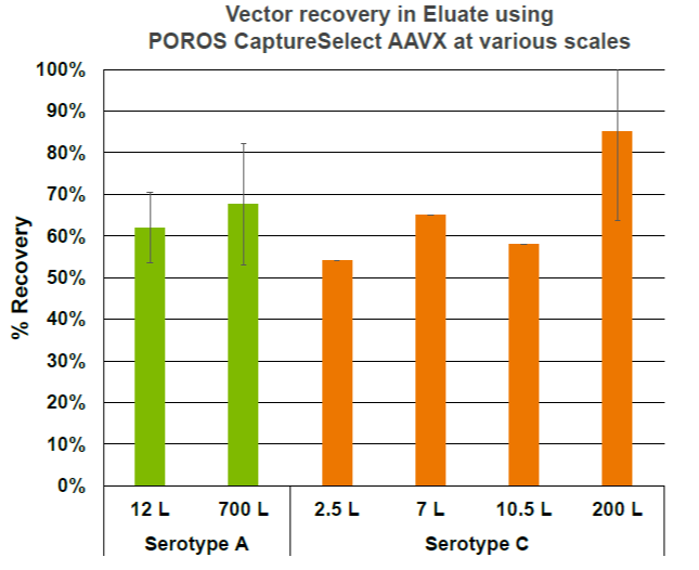 POROS CaptureSelect AAVX樹脂でベクター生産スケールによる回収率の比較