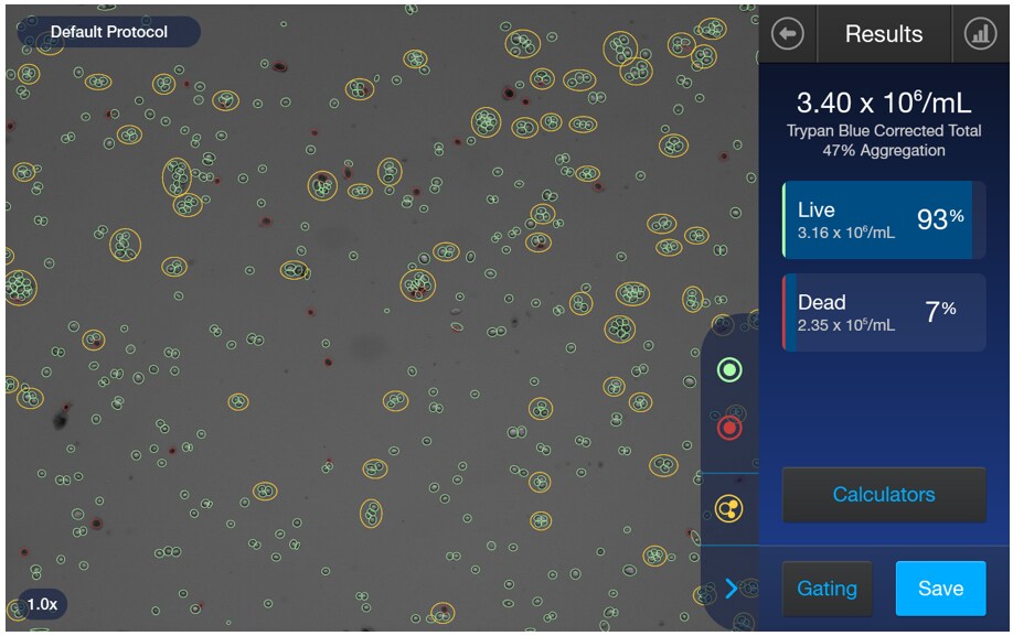 図2. Countess 3 FL自動セルカウンターは細胞濃度、生／死細胞率、凝集率を測定できる