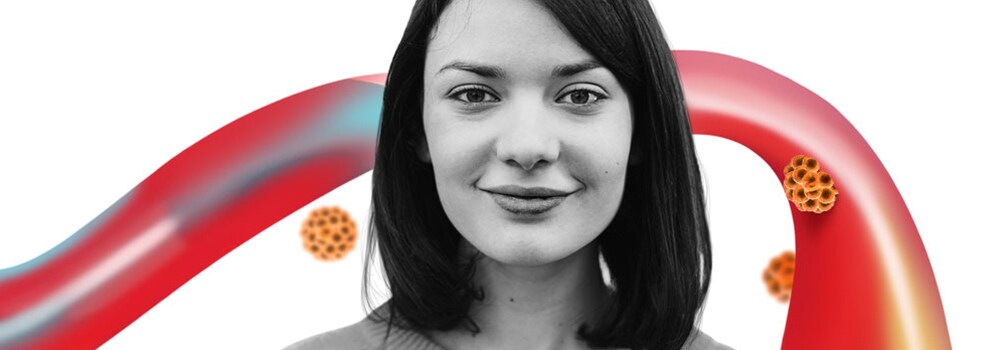 Woman with science inspired images swirling around her