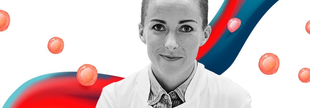 Woman with science inspired images swirling around her