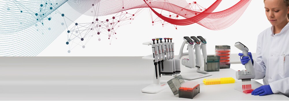 A scientist pipetting in the lab with science inspired designs swirling around the work.