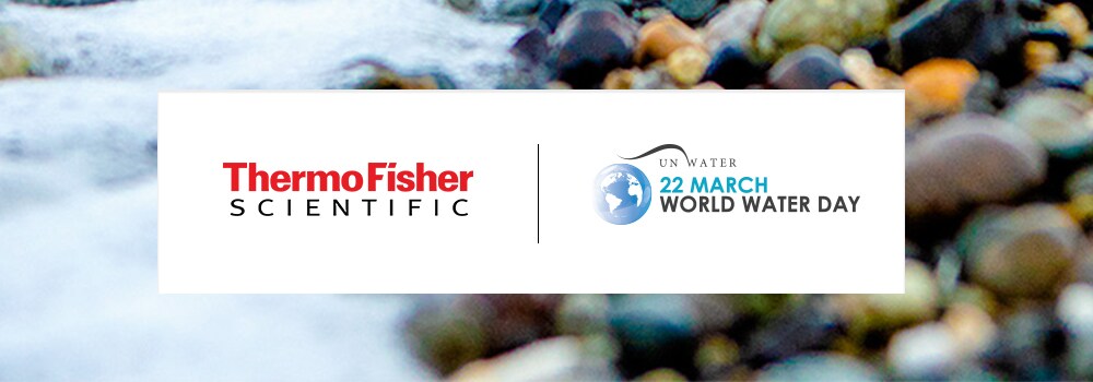 Image of water on a rocky beach with an overlay of the logos of UN World Water Day and Thermo Scientific side by side.