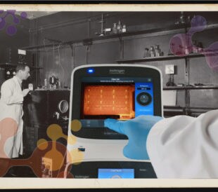 Illustration collage of a modern scientist using the E-Gel Power Snap Plus Electrophoresis System in front of a historic photo of Arne Tiselius with his electrophoresis apparatus