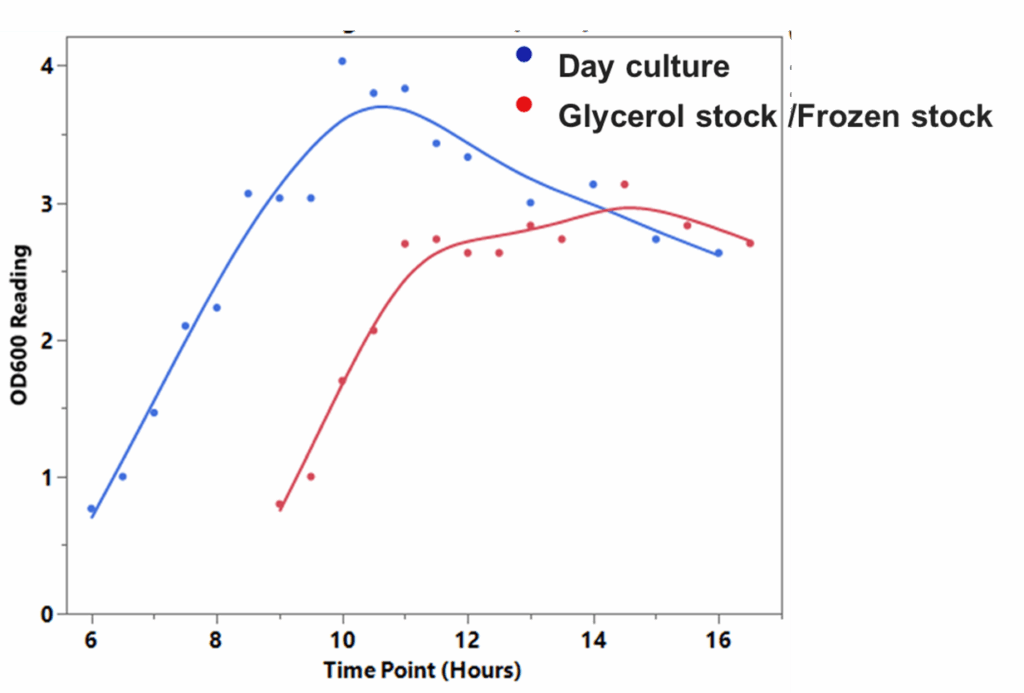 Growth curves from starter culture compared to frozen stock in plasmid prep