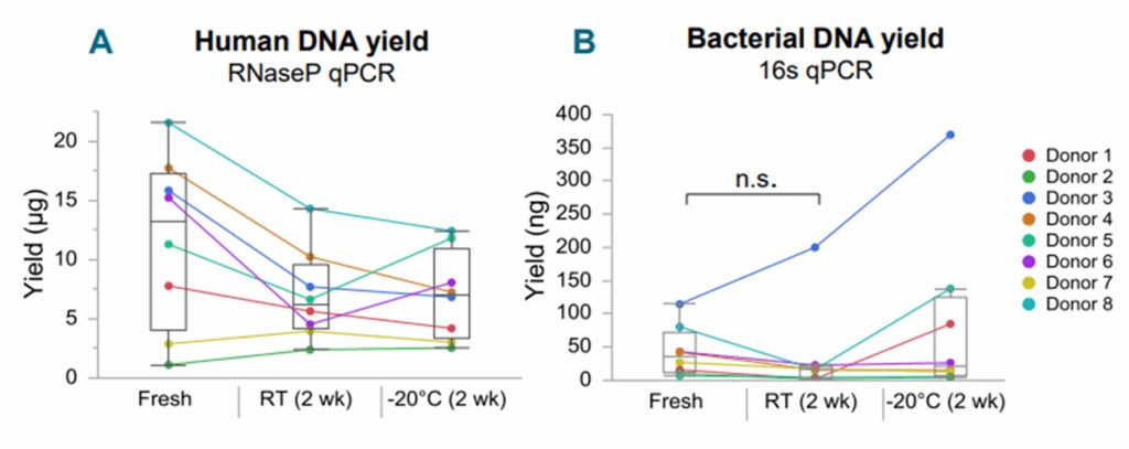 Total extracted DNA yield and purity measured by nanodrop from buccal swab samples processed with automated tools 