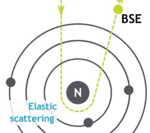 Schematic of an electron being backscattered by the interaction with the atom nuclei.