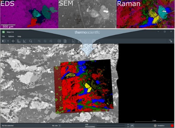 A geologic sample merging data from SEM-EDS, EDS, and a standalone Raman microscope. Maps Software makes it easy to combine all of your imagery into a single environment for simultaneous viewing and interpretation. A geologic sample merging data from SEM-EDS, EDS, and a standalone Raman microscope. Maps software makes it easy to combine all of your imagery into a single environment for simultaneous viewing and interpretation.