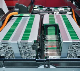 Close-up of battery packs in the the electric car.