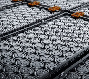 Close-up of EV Battery Cells Stacked inside Modules. High Capacity Battery for Automotive Industry. Lithium-ion High-voltage Battery for Electric Vehicle or Hybrid Car.