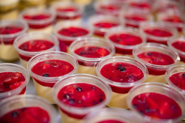 Close-up on a bunch of desserts at an industrial bakery