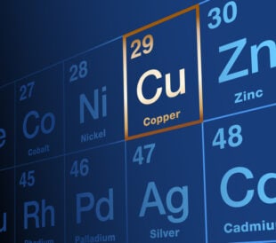 Copper element on periodic table of elements, with element symbol Cu from Latin cuprum, and atomic number 29. Transition metal with very high thermal and electrical conductivity, also used for alloys.