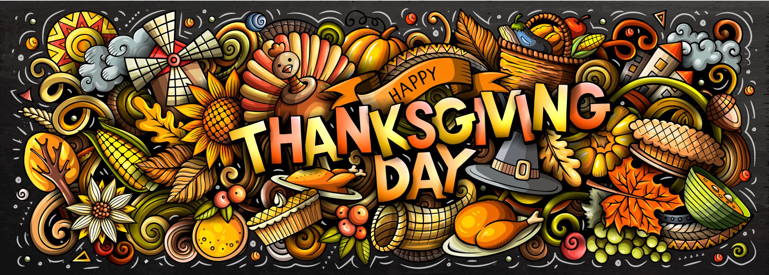 Happy Thanksgiving hand drawn cartoon doodles illustration. Holiday funny objects and elements poster design. Creative art background. Colorful vector banner