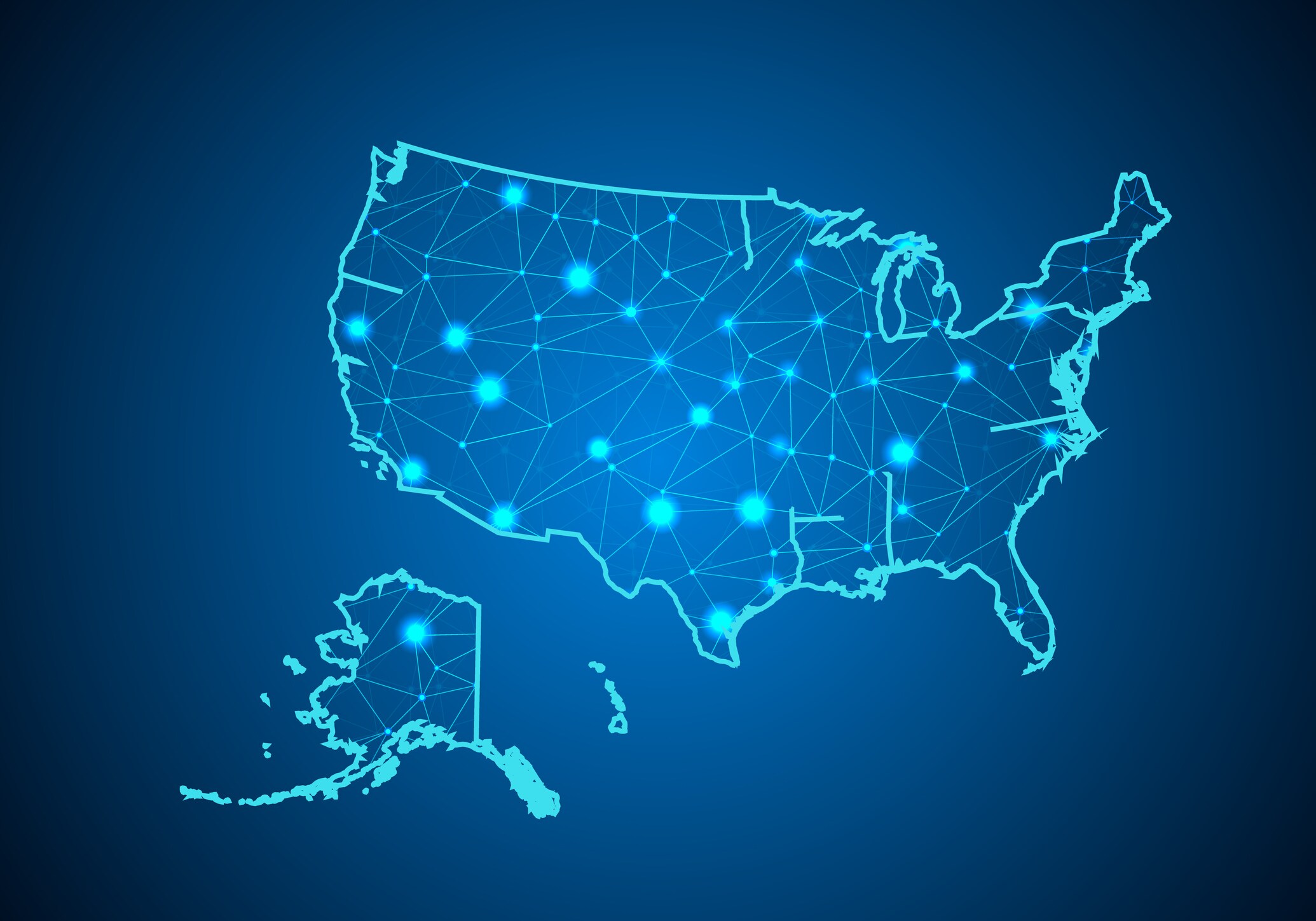 Abstract mash line and point scales on dark background with Map of usa. Wire frame 3D mesh polygonal network line, design sphere, dot and structure. communications map of usa. Vector.