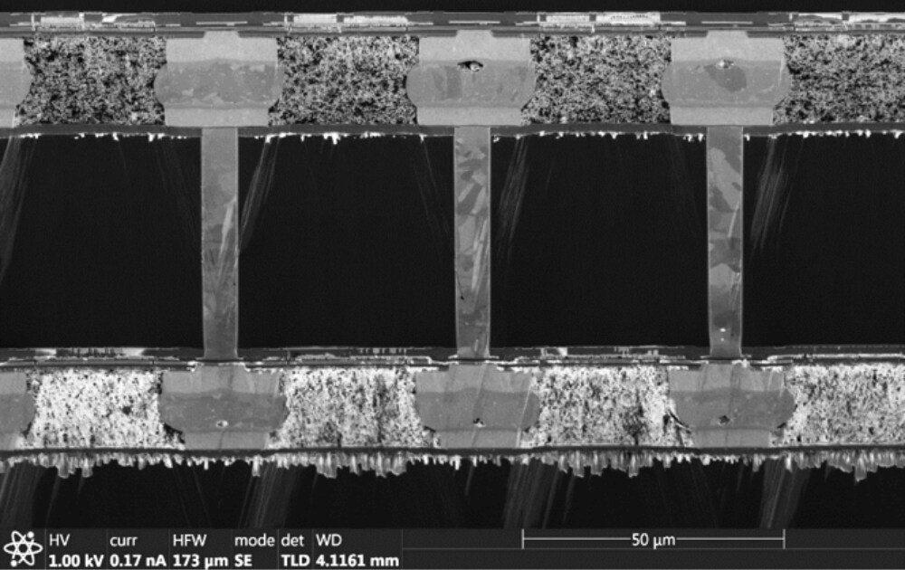 Bonds and interposers exposed by physical failure analysis