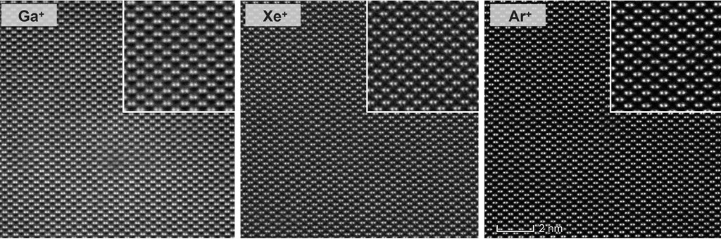 TEM images comparing Si lattice resolution of lamella prepared by Ar+, Xe+, and Ga+ FIB.