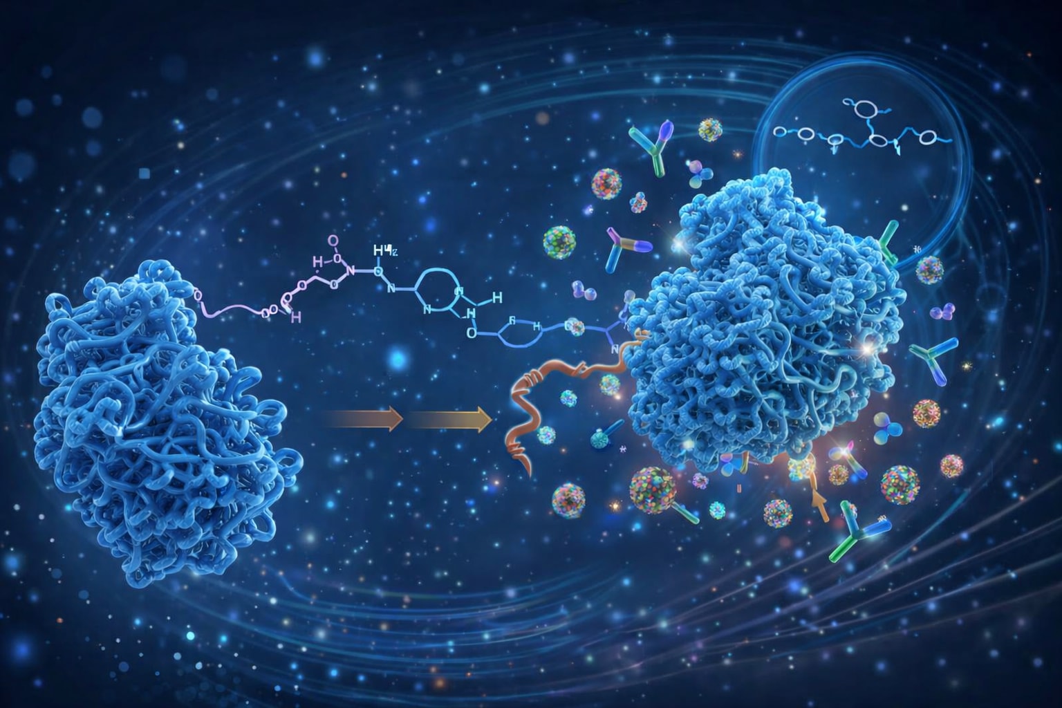 Illustration of protein structures interacting with molecules and antibodies in a molecular analysis scene.