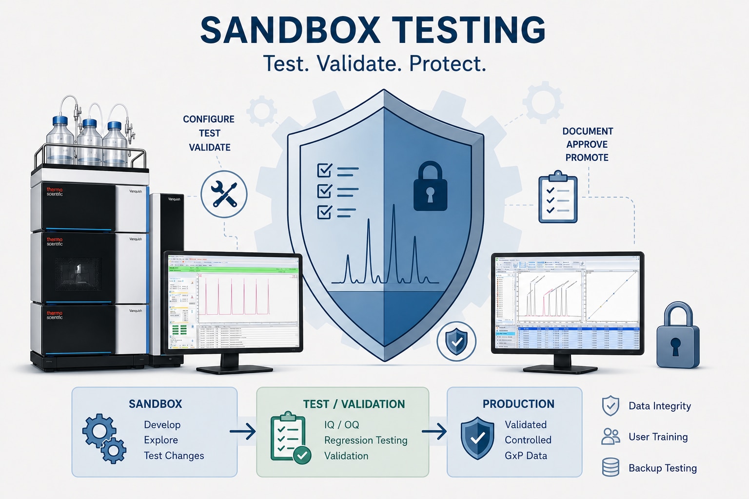 Infographic illustrating a sandbox testing workflow for laboratory software, from development and validation to secure production deployment using Thermo Scientific chromatography systems and data analysis software.